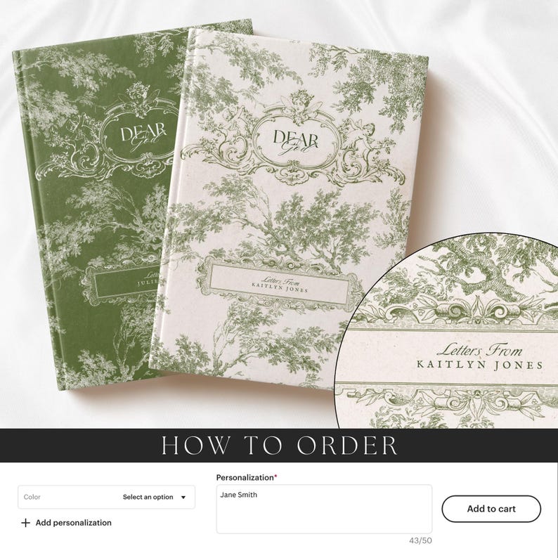 May include: Two hardcover journals with green and white toile patterns. The covers feature the text "DEAR GOD" in a decorative frame and a rectangular label with the text "Letters From KAITLYN JONES". A circular inset shows a close-up of the label.