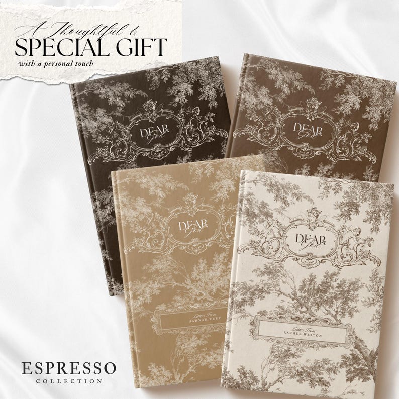 May include: Four hardcover journals with a toile de jouy pattern in shades of brown, tan, and cream. Each cover features an ornate central frame with the text "DEAR GOD" and a rectangular label at the bottom. The text "A THOUGHTFUL & SPECIAL GIFT" and "ESPRESSO COLLECTION" appear in the corners.