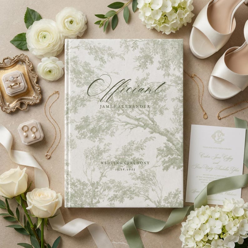 May include: A hardcover book titled Officiant James Alexander Wedding Ceremony 09.16.2035 with a sage green and white toile tree pattern, surrounded by white flowers, gold jewelry, a wedding invitation, and white satin heels on a neutral surface.