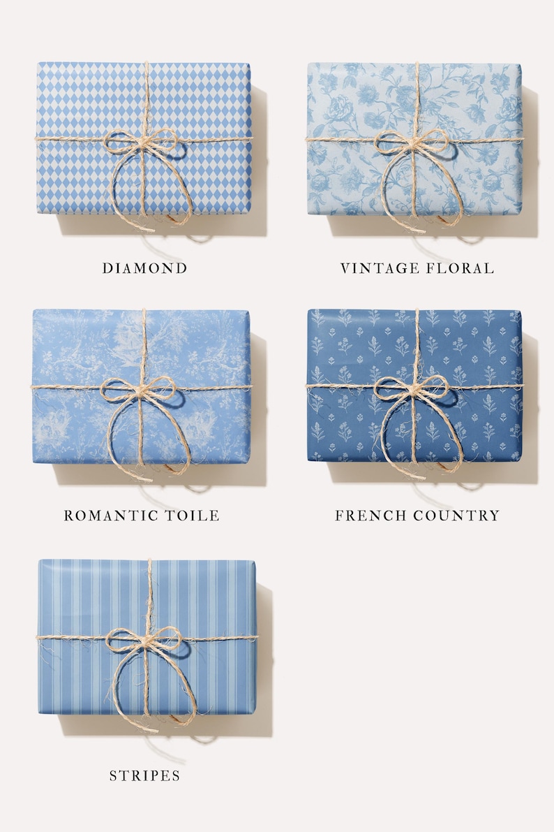 May include: Five gift boxes wrapped in blue patterned paper, tied with twine bows. Patterns include diamond, floral, toile, French country, and stripes. Text labels below each box identify the patterns.