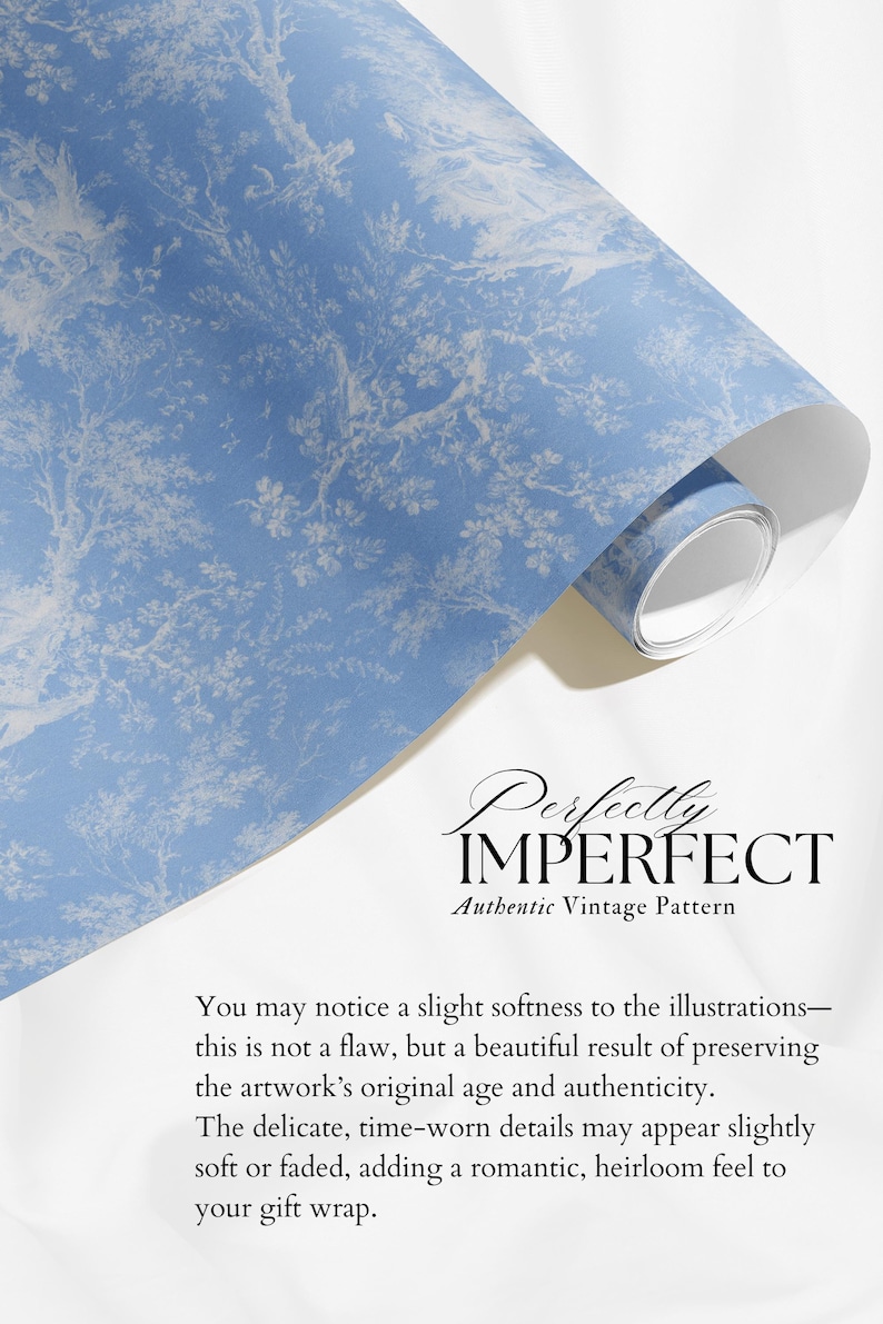 May include: A roll of blue and white patterned wallpaper with a vintage design. The pattern features a detailed illustration of trees and foliage. The text "Perfectly Imperfect" and "Authentic Vintage Pattern" are visible.