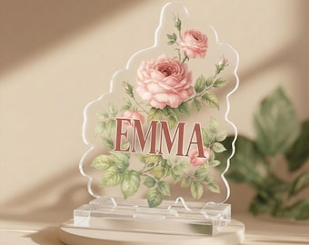 Personalized Acrylic Name Sign Custom Cut Floral Name Plaque Nursery Decor Baby Name Sign Gift for Her Custom Clear Standee Desk Shelf Decor