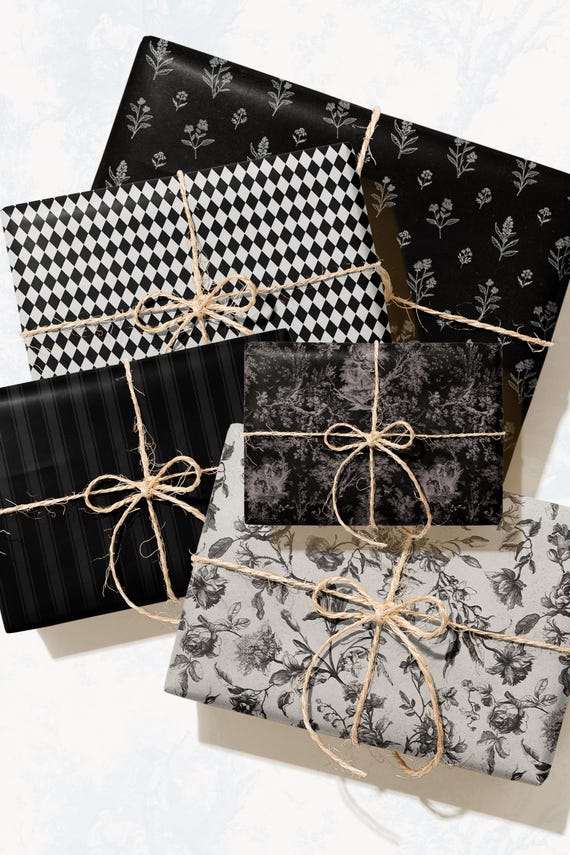 Black Wrapping Paper Set, Classic Christmas Wrapping Paper, Timeless Vintage Elegant Gift Wrap, Dark Academia Aesthetic, French Toile Floral