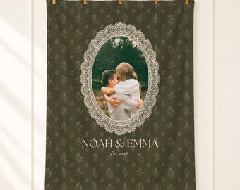 Vintage Pattern Couple Name Blanket, Personalized Throw, Wedding Photo Gift, Bride and Groom, For Boyfriend, Bridal Shower, Just Married