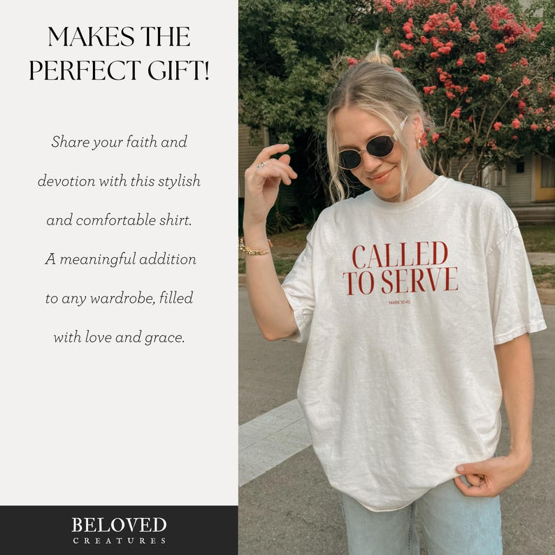 May include: White t-shirt with the text "CALLED TO SERVE" in red lettering. The shirt is being worn by a person with blonde hair and sunglasses. The background is a blurry image of green trees and red flowers.