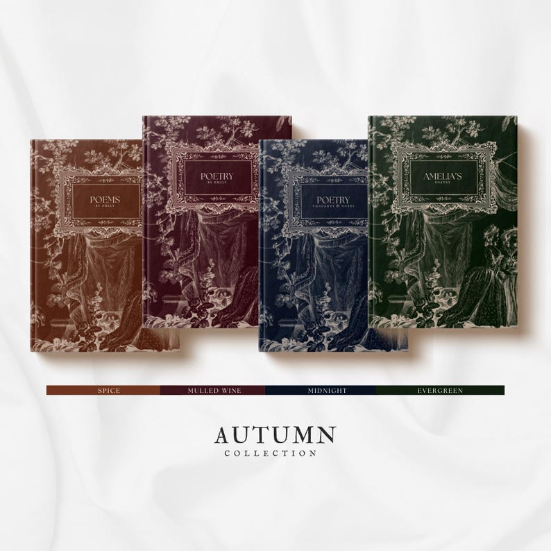 May include: Four hardback books with autumnal coloured covers. The covers feature a vintage floral design with a title on each book. The titles are "Poems", "Poetry", "Poetry", and "Amelia's". The books are arranged in a row from left to right. The colours of the covers are spice, mulled wine, midnight, and evergreen.
