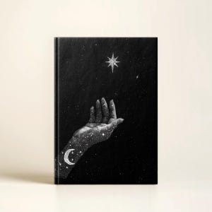 以下が含まれることがあります： 黒いノート。表紙には星に手を伸ばす手と、手首に三日月が描かれています。背景は星空で、夢のような芸術的な美しさを醸し出しています。