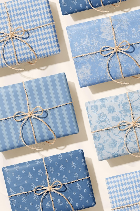 Blue Wrapping Paper Set | Elegant Vintage Gift Wrap | Toile Floral Stripe Check Patterns | Aesthetic Paper Crafts & Scrapbooking