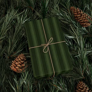 May include: A wrapped gift with dark green striped paper, tied with twine, rests on a bed of pine needles and pine cones. The gift's paper has vertical stripes in varying shades of green, creating a textured appearance. The twine is tied in a simple bow.