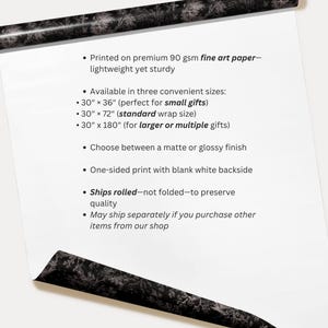 May include: White paper with the word "DETAILS" in large black letters. The paper has a rolled edge with a black and white floral pattern. Text on the paper describes the paper's features, including size options of 30" x 36", 30" x 72", and 30" x 180".