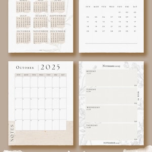 K&ouml;nnte beinhalten: Ein Satz druckbarer Kalender f&uuml;r das Jahr 2025. Die Kalender sind im minimalistischen Stil mit einem beige-wei&szlig;en Farbschema gehalten. Der Jahreskalender zeigt ein florales Design. Der Monatskalender zeigt Oktober 2025. Der Wochenkalender zeigt November 2025.