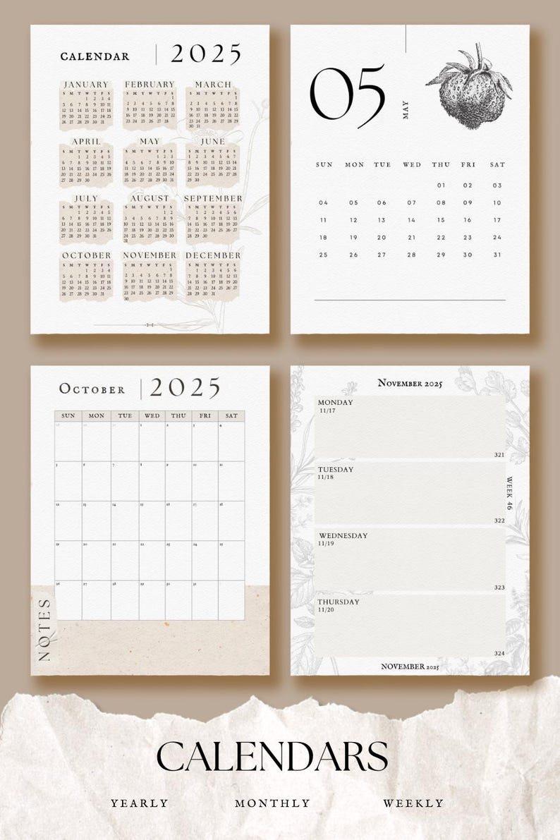K&ouml;nnte beinhalten: Ein Satz druckbarer Kalender f&uuml;r das Jahr 2025. Die Kalender sind im minimalistischen Stil mit einem beige-wei&szlig;en Farbschema gehalten. Der Jahreskalender zeigt ein florales Design. Der Monatskalender zeigt Oktober 2025. Der Wochenkalender zeigt November 2025.