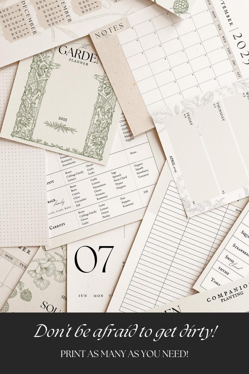 K&ouml;nnte beinhalten: Ein druckbarer Gartenplaner mit gr&uuml;nem floralem Rand und dem Text "GARDEN PLANNER" und "Don't be afraid to get dirty!" Der Planer enth&auml;lt einen Kalender, eine Liste von Gem&uuml;se und einen Bereich f&uuml;r Notizen.