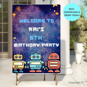 Robot Space Birthday Party Welcome Sign DIGITAL EDITABLE Printable Birthday Welcome Poster Decoration DIY Instant Download Template BR102