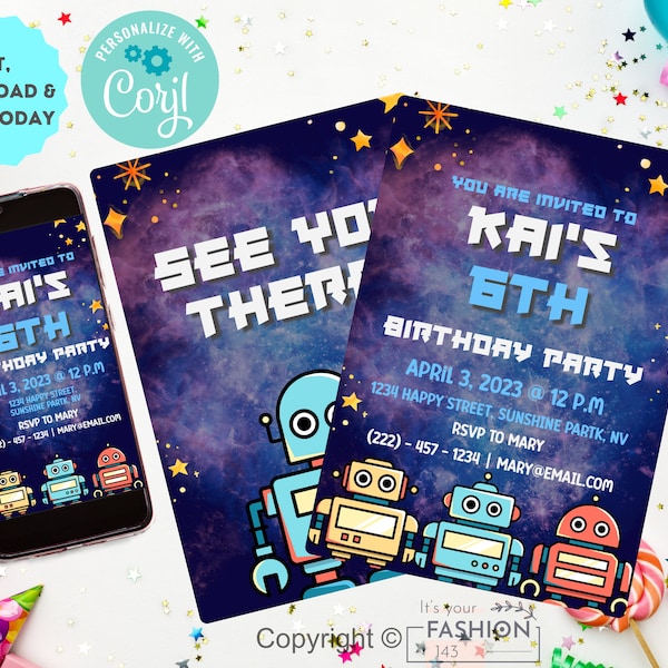 Robot Space Birthday Party Invitation Editable 5x7 & Mobile Digital Party Invite, DIGITAL EDITABLE Printable Robot Theme Template BR102