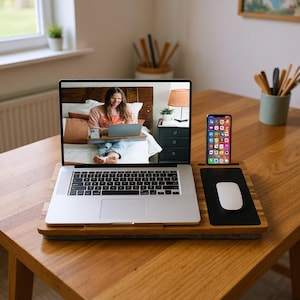 Handmade Portable Lap Desk with Cushion made out of real Acacia wood: This Laptop desk and Bed Desk for Laptop comes with area to hold phone