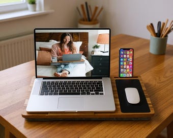 Handmade Portable Lap Desk with Cushion made out of real Acacia wood: This Laptop desk and Bed Desk for Laptop comes with area to hold phone