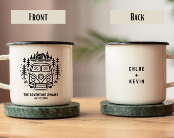 Personalized Wedding Camping Mug, Adventure Mountains, Mr Mrs Couples Campfire Mugs, Engagement Wedding Gift For Bride and Groom