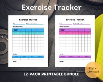 Puede incluir: Dos hojas de seguimiento de ejercicios imprimibles con un esquema de color azul y rosa. Cada hoja tiene secciones para registrar ejercicios de entrenamiento de resistencia y cardio. Las hojas incluyen campos para la fecha, la duración del entrenamiento, el grupo muscular, el ejercicio, el peso, las repeticiones, la duración, la velocidad y la distancia. El texto "12-PACK PRINTABLE BUNDLE" está en la parte inferior de la imagen.