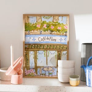 Stampa artistica da parete Cafe de Flore, poster da viaggio per dormitorio con schizzi di Parigi disegnati a mano in blu pastello, decorazione per appartamento in una caffetteria della città francese