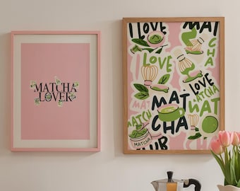 Impressions artistiques amateurs de matcha, décorations murales café rose et vert, posters Good Vibes, stickers déco cuisine typographie rose pastel – Lot de 2