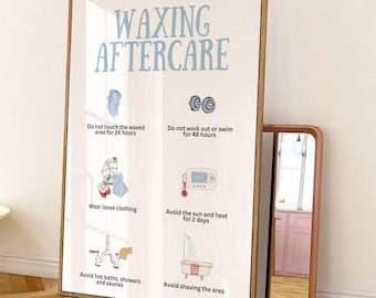 May include: A white poster with the text "WAXING AFTERCARE" in blue lettering. The poster lists six steps for aftercare, each with an illustration and text. The steps are: Do not touch the waxed area for 24 hours, Do not work out or swim for 48 hours, Wear loose clothing, Avoid the sun and heat for 2 days, Avoid hot baths, showers and saunas, Avoid shaving the area.