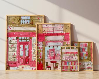 Buchhandlung Art Prints, Buchleser Ästhetische Wandkunst, Wunderliche, handgezeichnete Poster, Rosa Bibliothek Fantasy Romanze Bücherwurm Dekor - 4er-Set