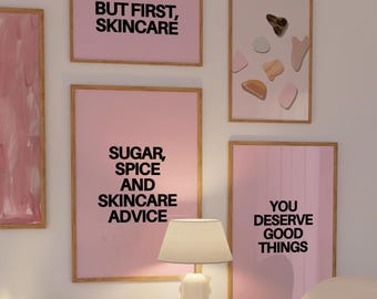 3er-Set - Gesichtspflege Poster, Beauty Kosmetikerin Typografie Art Prints, Minimalistische Self-Care Wandkunst, Rosa und Schwarzes Kokette Dekor