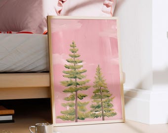 Pine Trees Portrait Wandkunst, Southwestern Wald Kunstdruck, Abstrakte Malerei College Studentenwohnheim Zimmer Poster, Preppy Pastell Rosa Wohnung Dekor