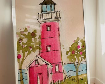 Martha's Vineyard Leuchtturm Wand Kunst Druck, Handgezeichnete Aquarell Skizze Wunderlich Reise Zimmer Poster, Strand Stadt Porträt Wohnung Dekor