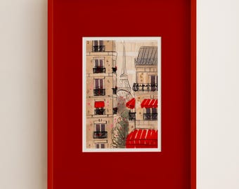 Ein Porträt von Paris, Frankreich Straße Wand Kunst Druck, Französische Stadt Straße Handgezeichnete Stift Skizze Studentenwohnheim Zimmer Poster, Rot Ästhetische Wohnung Dekor