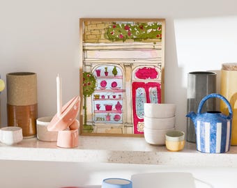Keramik Geschäft Kunst Druck, wunderliche Keramik Studio handgezeichnete Wandkunst, Tassen Tassen Glasur Skizze Raum Poster, rosa ästhetische Wohnung Dekor