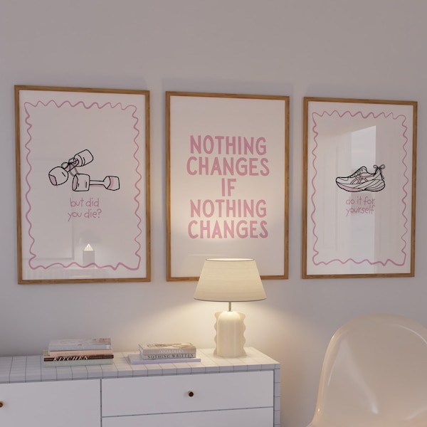 Workout Posters, Gym Motivation Art Prints, Exercise Handdrawn Wall Art, Running Pilates Princess Studio, Pink Aesthetic Decor – Set of 3