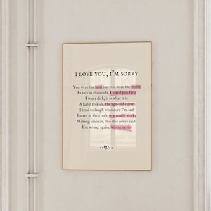Kocham Cię Przepraszam Wydruk artystyczny, Gracie Abrams Wall Art, The Secret of Us Album Poster, Vintage Book Page Aesthetic Apartment Room Decor
