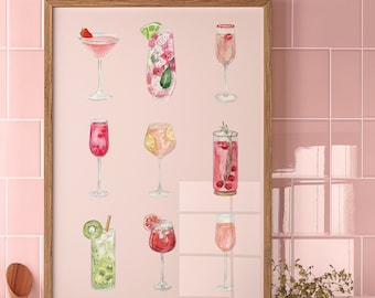 Retro Watercolor Champagne Cocktail Poster, Girly Bar Cart Art Print, Preppy Pink Drinks Wall Art, Aesthetic Apartment Room Decor