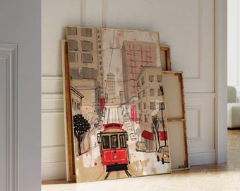 Ein Porträt von San Francisco, California Street Wand Kunst Druck, Stadt Straße Handgezeichnete Skizze Studentenwohnheim Zimmer Poster, Rot Ästhetische Wohnung Dekor