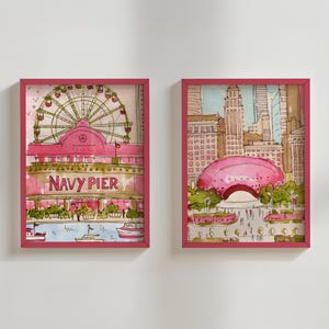 Impresiones artísticas de lugares emblemáticos de la ciudad de Chicago, retratos de Navy Pier, carteles caprichosos de Illinois, decoración de la habitación del apartamento The Bean Sketch (juego de 2)