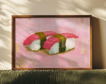 Sushi Nigiri Kunstdruck, Küche Barwagen Wandkunst, horizontales abstraktes Ölgemälde Studentenwohnheim Zimmer Poster, Girly Pink Ästhetischer Wohnungsdekor