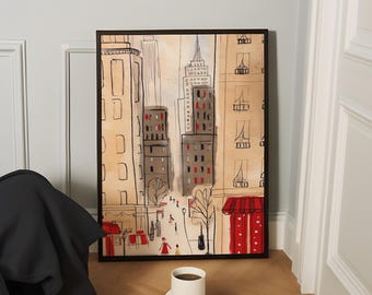 Ein Porträt der Fifth Ave, Cooler New Yorker Wand Kunst Druck, NYC Straße Handgezeichnet Stift Skizze Schlafzimmer Poster, Rot Ästhetische Wohnung Dekoration