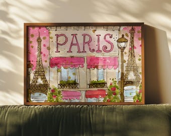 Postkarte mit Paris Kunstdruck, rosa kokette handgezeichnete Wandkunst, Preppy Französische Skizze im Studentenwohnheim, buntes horizontales Wohnungsdekor