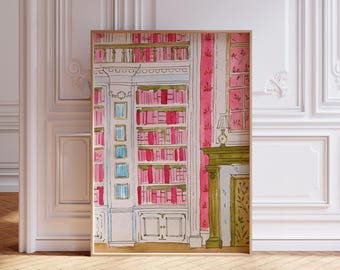 Hausbibliothek Art Print, Buchleser Handgezeichnete Wandkunst, Bücherwurm Skizze Studentenwohnheim Poster, Vintage Rokoko Austen Preppy Pink Haus Dekor