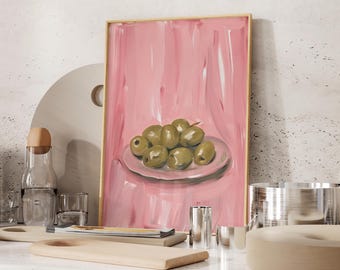 Oliven auf einem Teller Kunstdruck, rosa abstrakte Küche Porträt Wandkunst, Pastellmalerei Studentenwohnheim Raum Poster, Bar Warenkorb ästhetisches Wohnungsdekor
