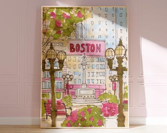 Boston Retro City Wall Art Print, Handgezeichnete Skizze College Town Stadt Wohnheim Zimmer Poster, Massachusetts Street Wunderliche Stadt Wohnung Dekor