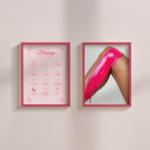 May include: Two framed prints. One shows a leg with bright pink wax applied. The other print displays "Waxing Aftercare" instructions in pink text and icons. Both frames are a matching pink color.