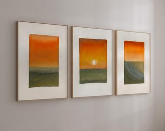 Sundown Aura Gemälde Kunstdrucke, abstrakter Farbverlauf vertikaler Sonnenuntergang Wandkunst, modernes minimalistisches Poster, Midcentury Wohnkultur - 3er-Set