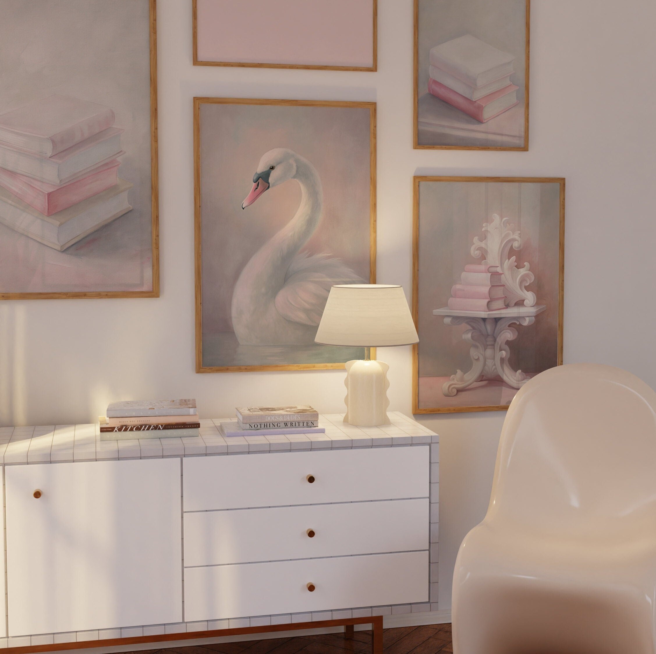Coquette Bookish Art Prints, Pastel Vintage Swan Lake Posters, Romantic Reader Books Wall Art, Victorian Library Room Decor – Set of 4