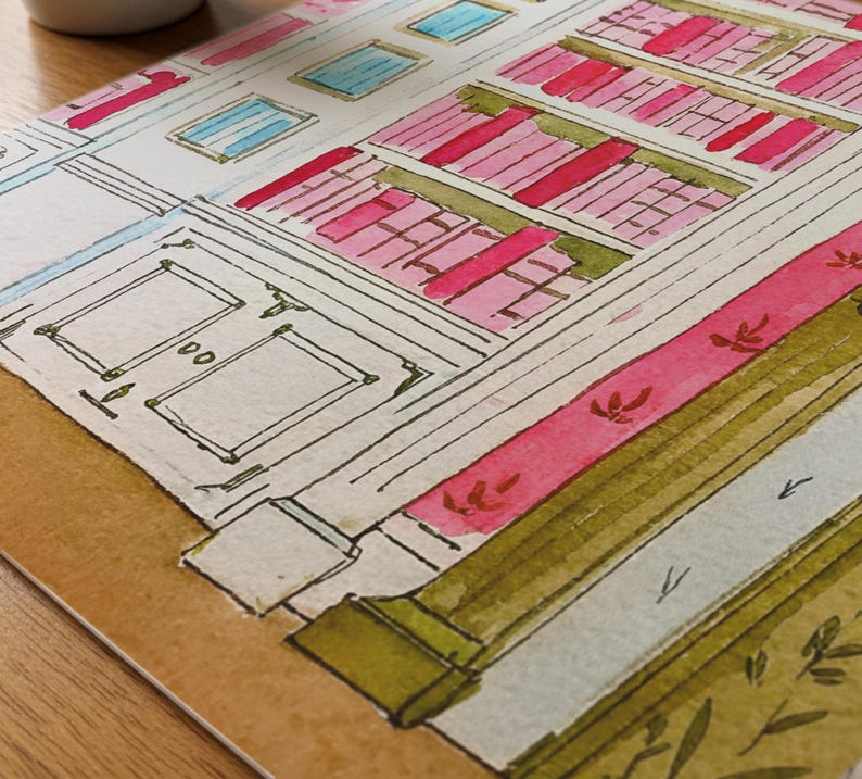 May include: Watercolor painting of a building interior with pink bookshelves, blue windows, and a white door. The artwork features a detailed architectural design with a warm color palette and delicate brushstrokes. The overall theme is a cozy, inviting space.