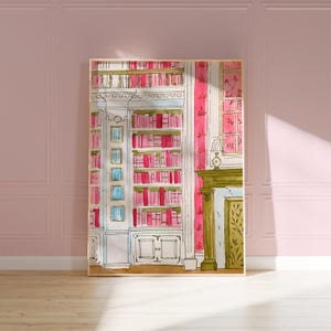 May include: Watercolor illustration of a library interior with a large white bookshelf filled with pink books. A fireplace and window are visible, with pink wallpaper and a gold frame. The artwork is displayed on a wooden floor.