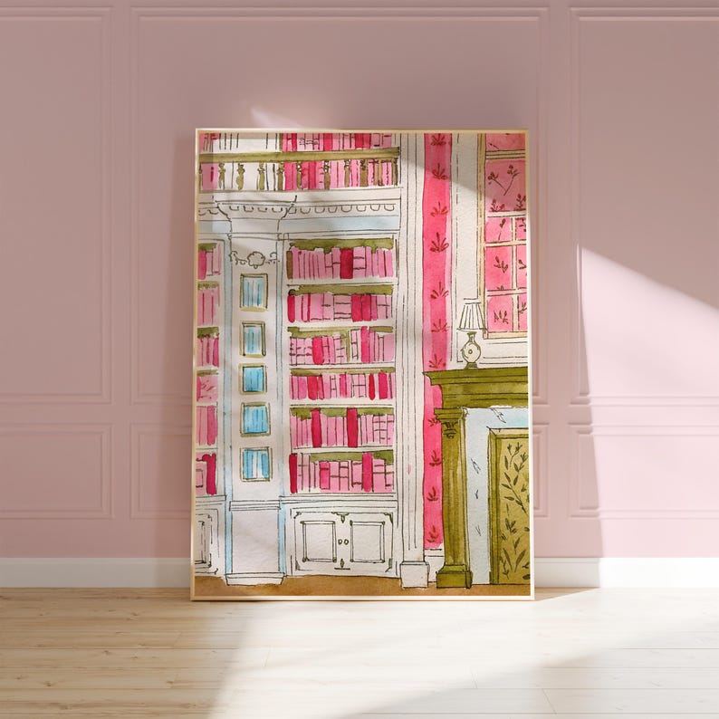 May include: Watercolor illustration of a library interior with a large white bookshelf filled with pink books. A fireplace and window are visible, with pink wallpaper and a gold frame. The artwork is displayed on a wooden floor.