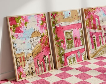 3er Set Wandbilder, alte San-Juan-Wandbilder, handgezeichnete Aquarell-Skizzen, wunderliche Zimmerposter, rosa Straßen